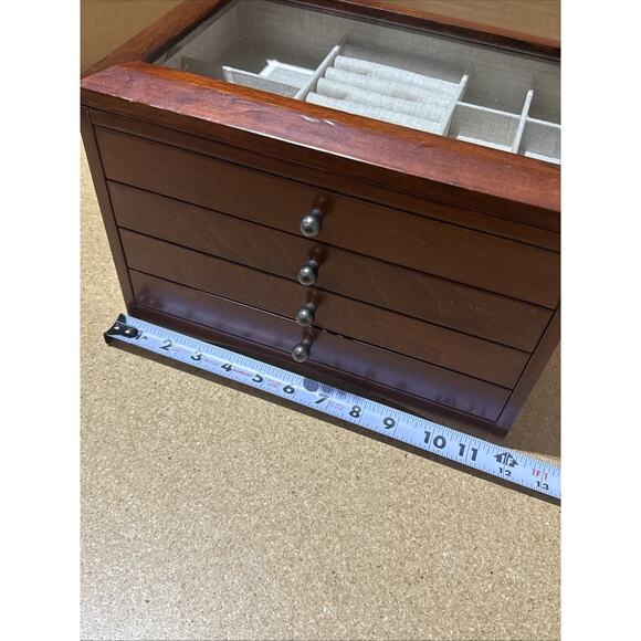 VTG Wooden Jewelry Box Chest Style 12x8x8 Glass Top 3 Drawers Unbranded READ - Picture 12 of 15
